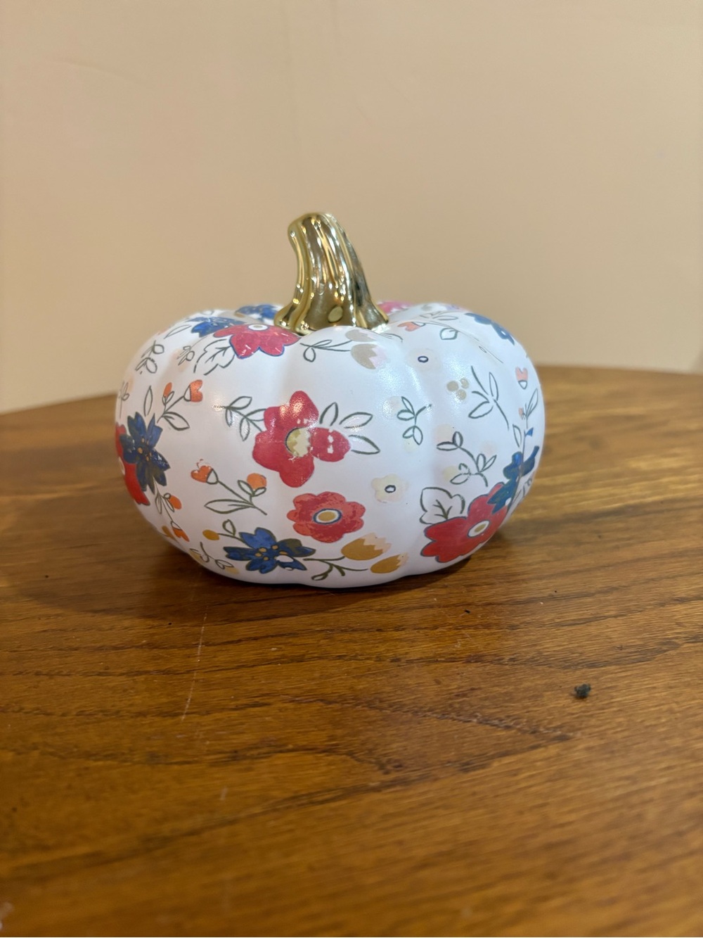 Floral White Ceramic Pumpkin with Gold Stem - Home Accents
